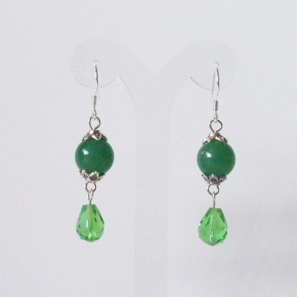 Green Jade silver plated earrings, new (#705)